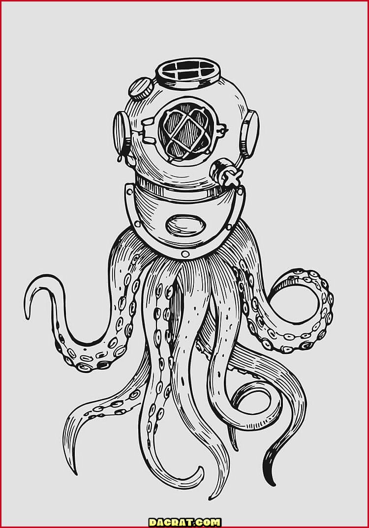 Pulpo, en, retro, traje de buceo Dibujo