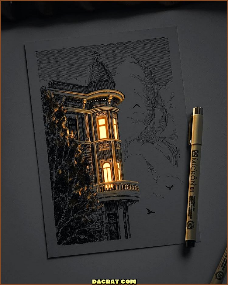 Dibujo con lápiz luminoso del edificio.