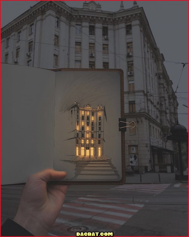 Artista sosteniendo un dibujo con lápiz luminoso de un edificio frente a un edificio real