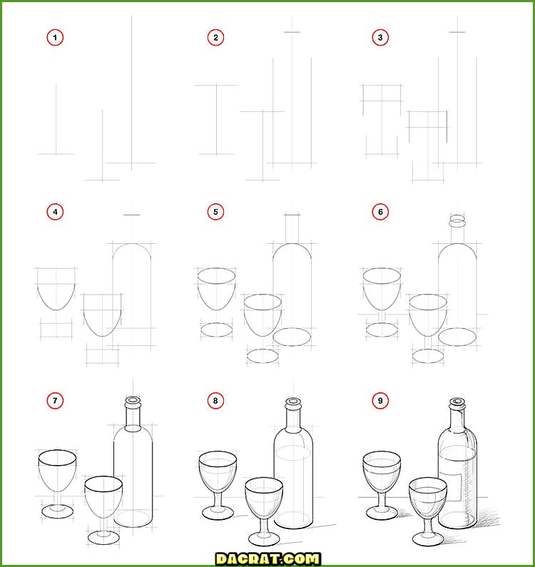 Cómo dibujar una botella de vino con vasos.