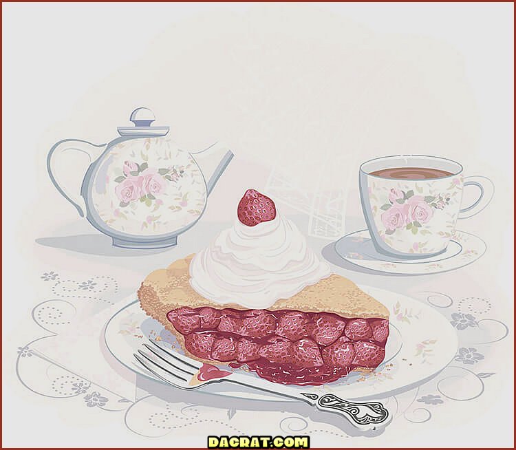 Tarta de fresas con dibujo de té.